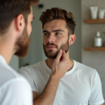 Jeune homme regardant son visage dans le miroir de salle de bain