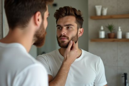 Jeune homme regardant son visage dans le miroir de salle de bain