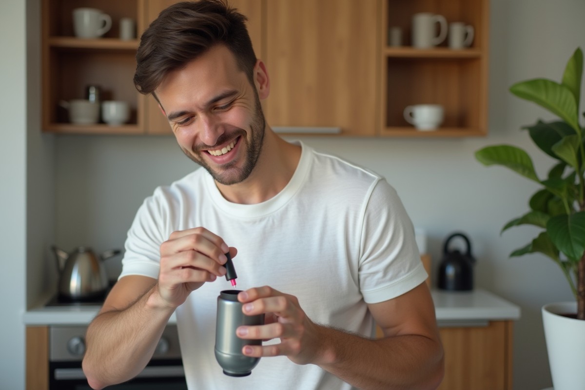 Jeune homme jetant un rouge à lèvres usé dans une poubelle