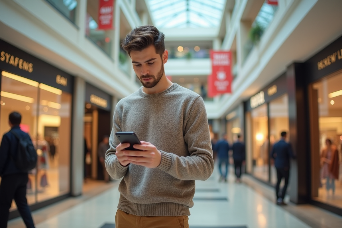 Jeune homme dans un centre commercial vérifie ses notifications de vente exclusive