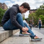 Jeune homme en jeans et hoodie nouant ses sneakers en ville