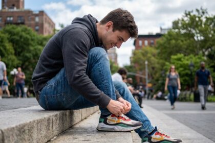 Jeune homme en jeans et hoodie nouant ses sneakers en ville