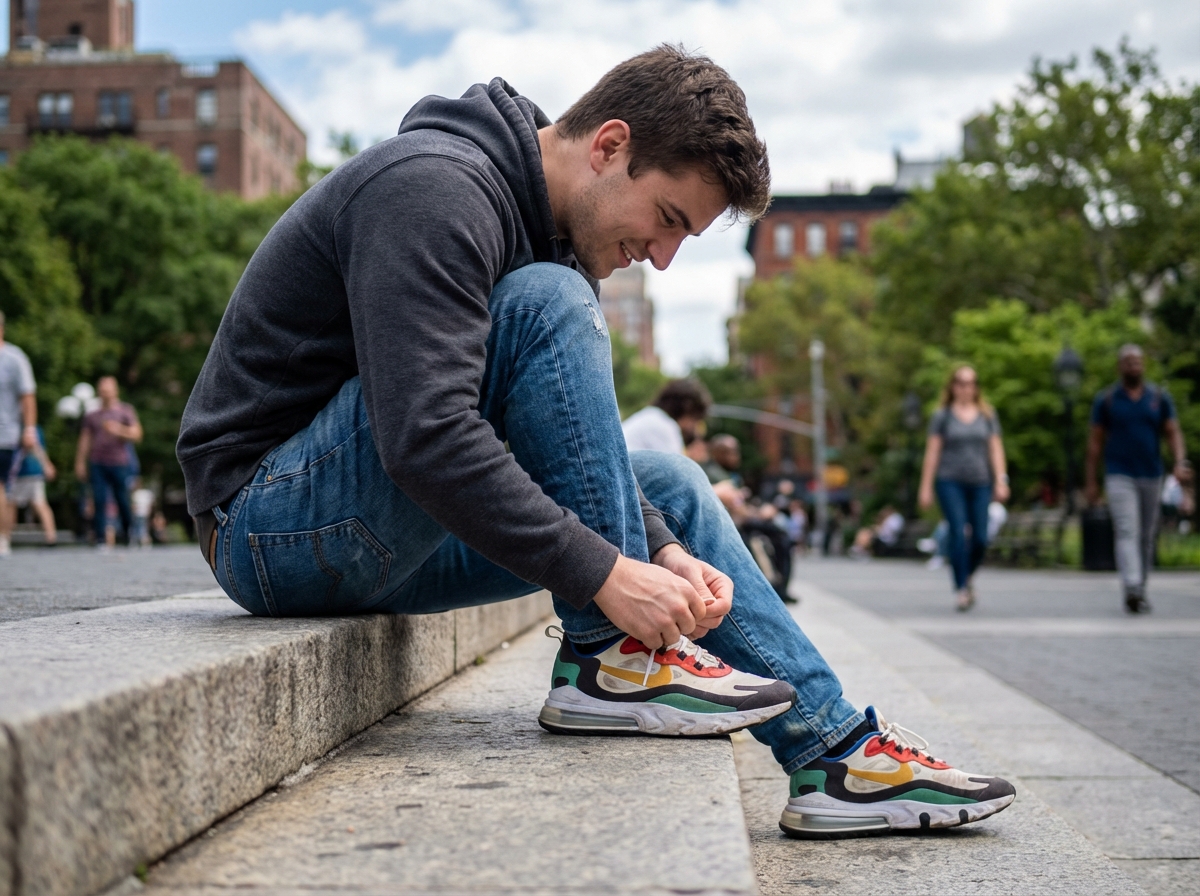 Jeune homme en jeans et hoodie nouant ses sneakers en ville