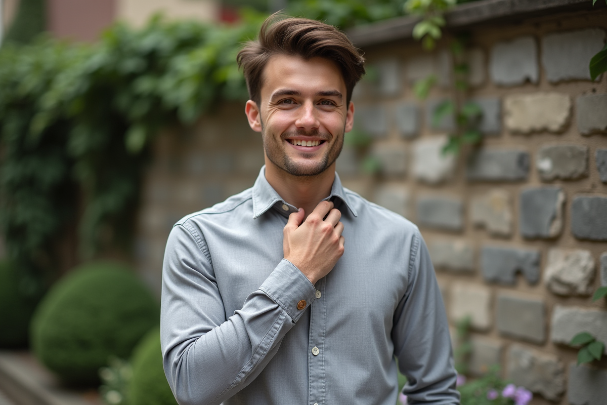 Jeune homme souriant dans un jardin urbain