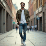 Jeune homme marchant en ville avec des Air Force 1 blanches