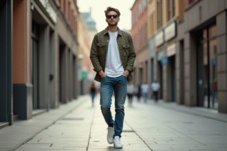 Jeune homme marchant en ville avec des Air Force 1 blanches