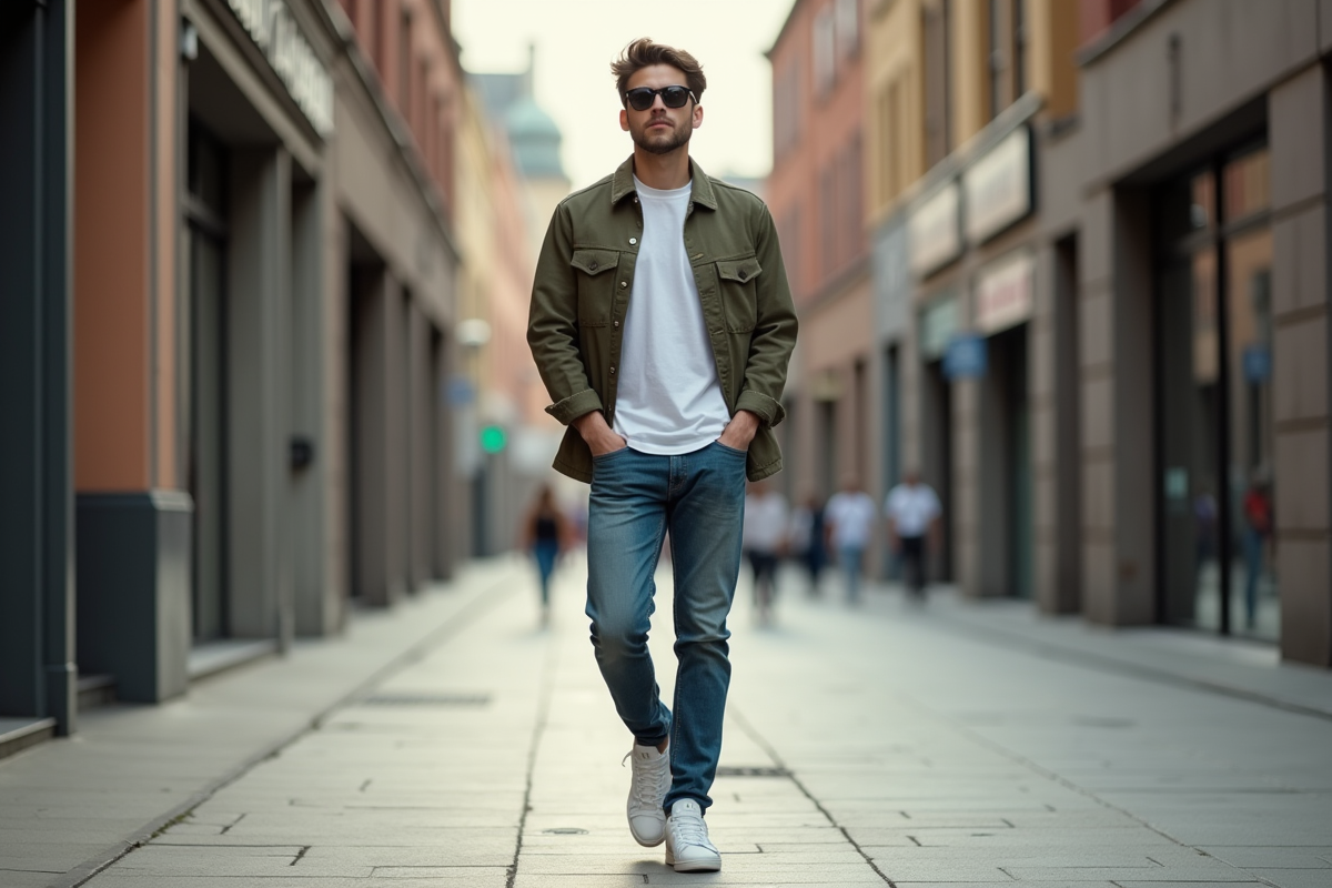 Jeune homme marchant en ville avec des Air Force 1 blanches