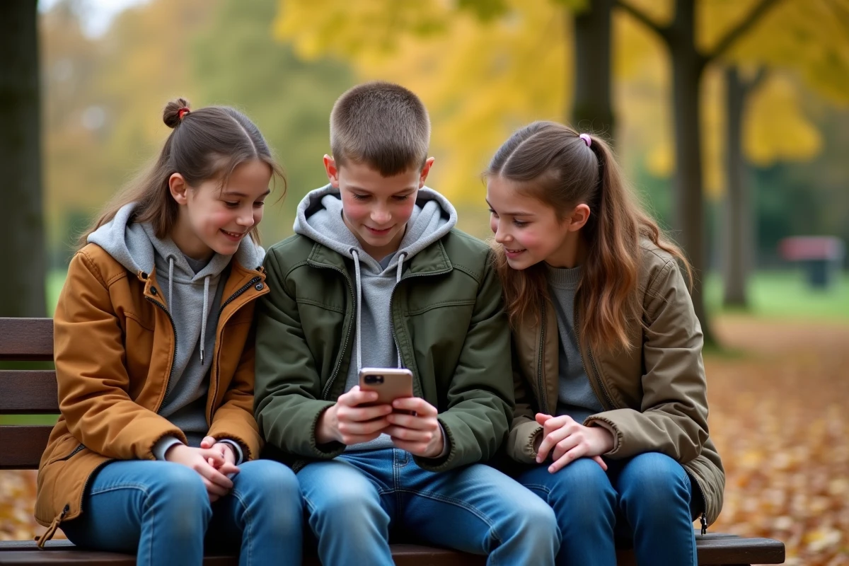 Trois adolescents discutant dans un parc en automne