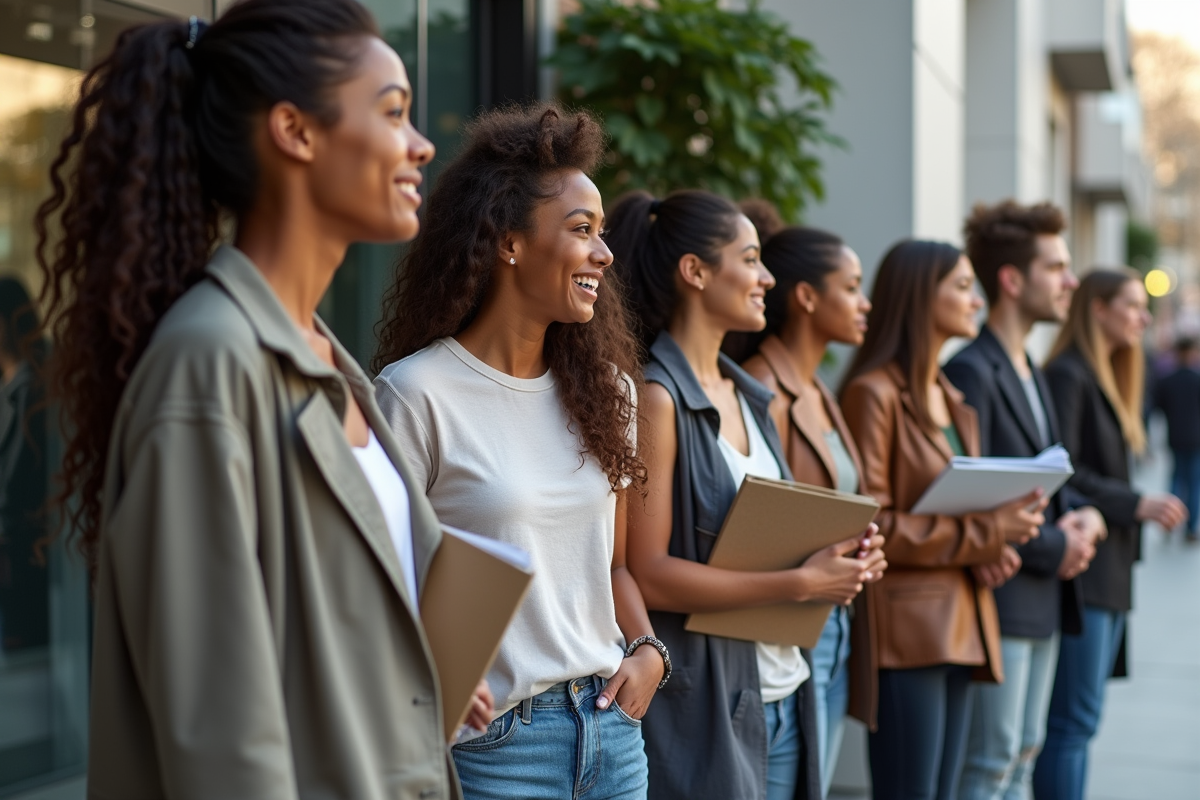 Groupe de jeunes modèles en audition en extérieur