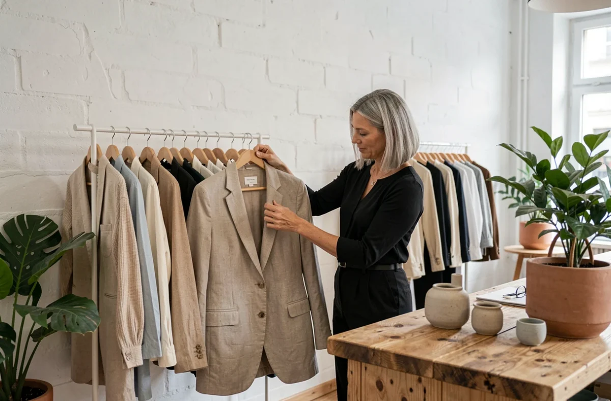 Une femme élégante examine un blazer en lin dans la boutique La Bonne Tenue à Lyon, espace minimaliste aux murs blanchis et mobilier en bois brut