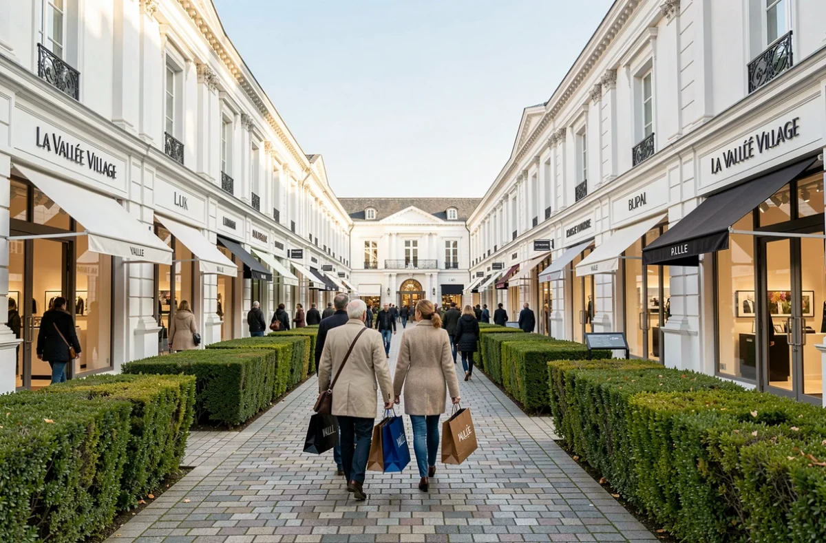 Vue extérieure de l'allée piétonne de La Vallée Village avec ses boutiques de luxe et ses visiteurs
