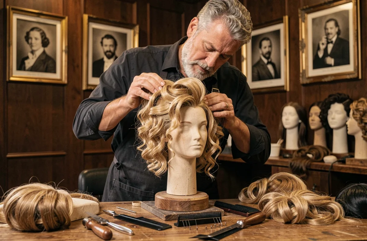Perruquier expert coiffant une perruque historique sur un bloc en toile dans l'atelier Le Perruquier