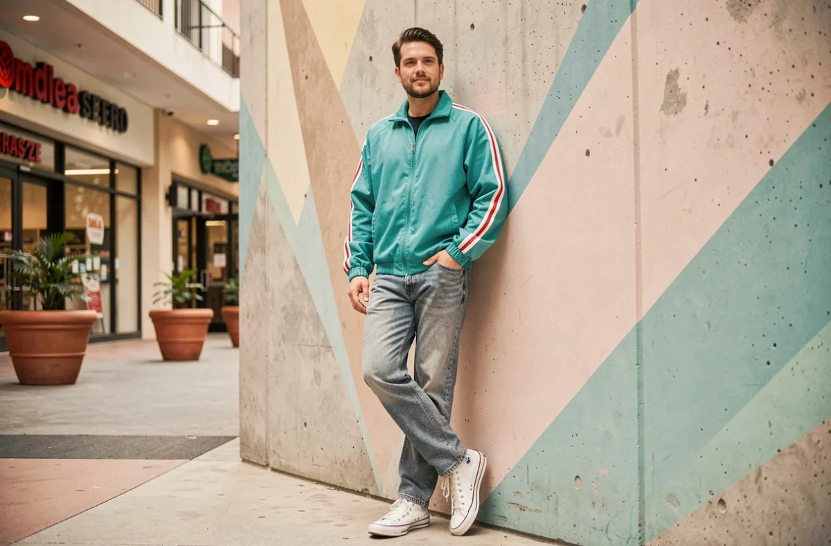 Homme en coupe-vent teal et jean acid-wash années 80 appuyé contre un mur coloré de centre commercial