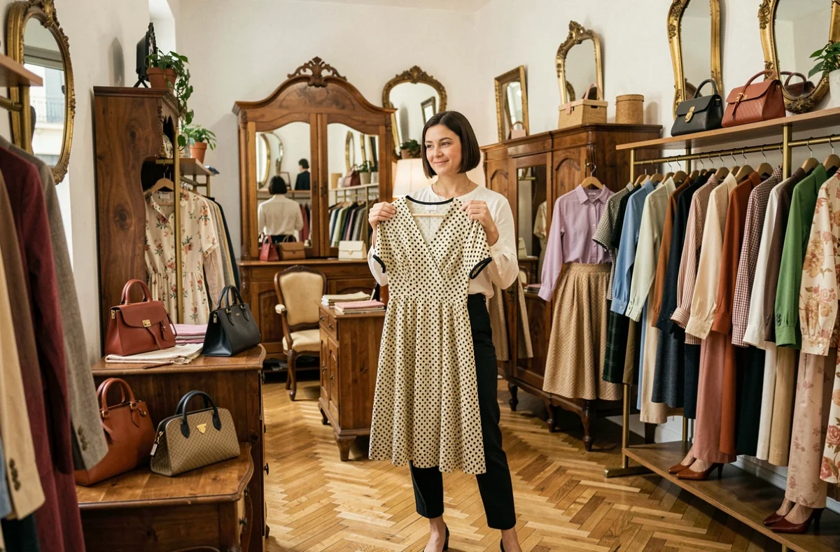 Une femme tient une robe à pois devant un miroir vintage dans la boutique Look Vintage à Lyon, entourée de pièces rétro soigneusement sélectionnées