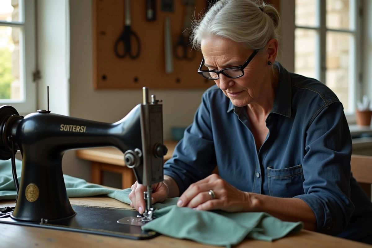 Couturière utilisant une machine à coudre professionnelle dans son atelier artisanal à Salon-de-Provence
