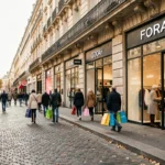 Vue panoramique d'une rue parisienne animée avec des magasins d'usine et des acheteurs portant des sacs de marque