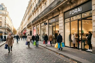 Vue panoramique d'une rue parisienne animée avec des magasins d'usine et des acheteurs portant des sacs de marque