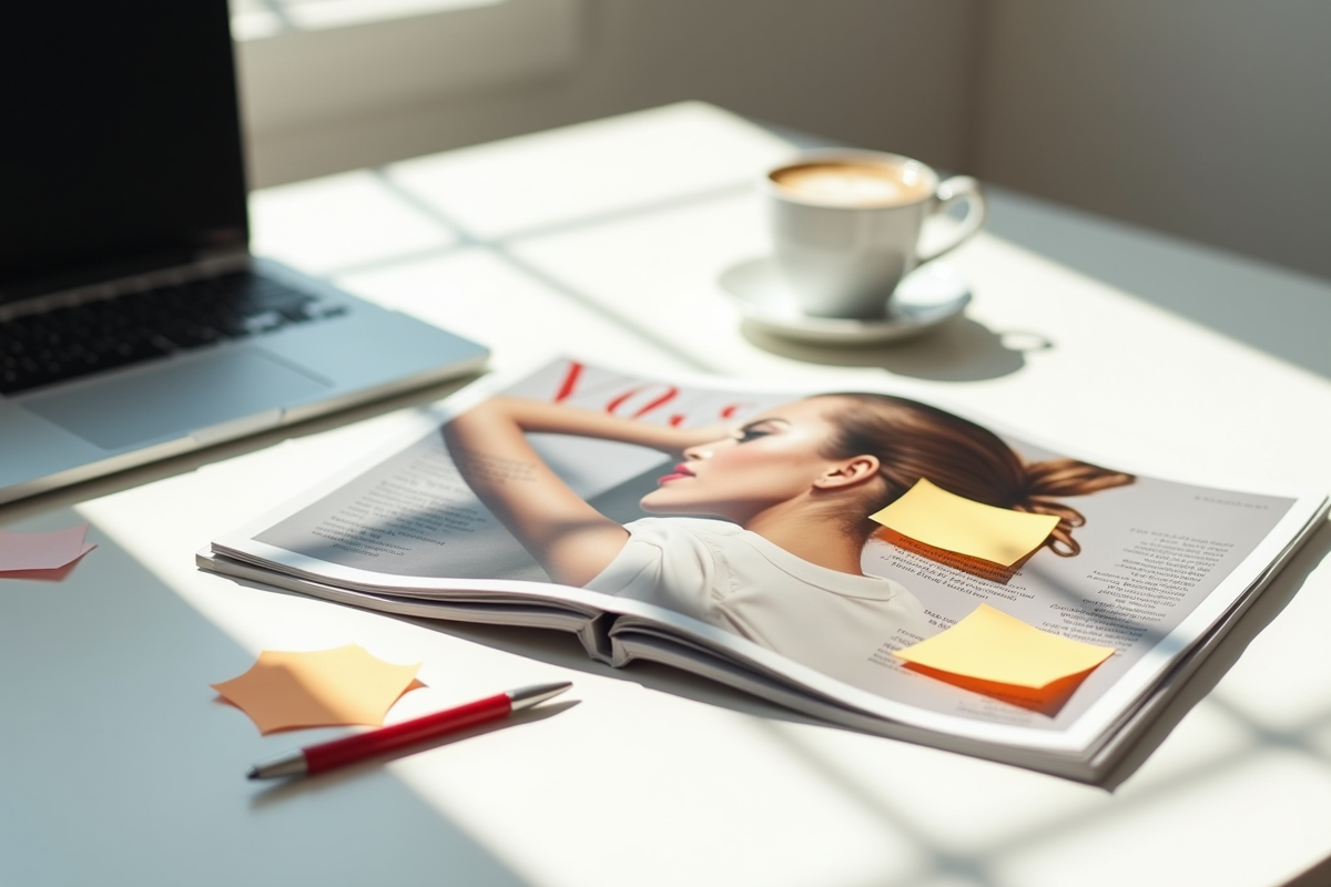 Magazine Vogue ouvert avec notes sur un bureau blanc