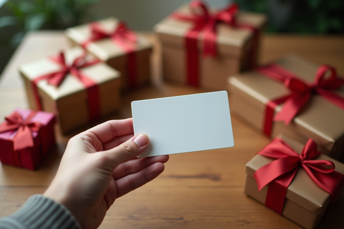 Main tenant une carte cadeau sur une table en bois avec cadeaux autour