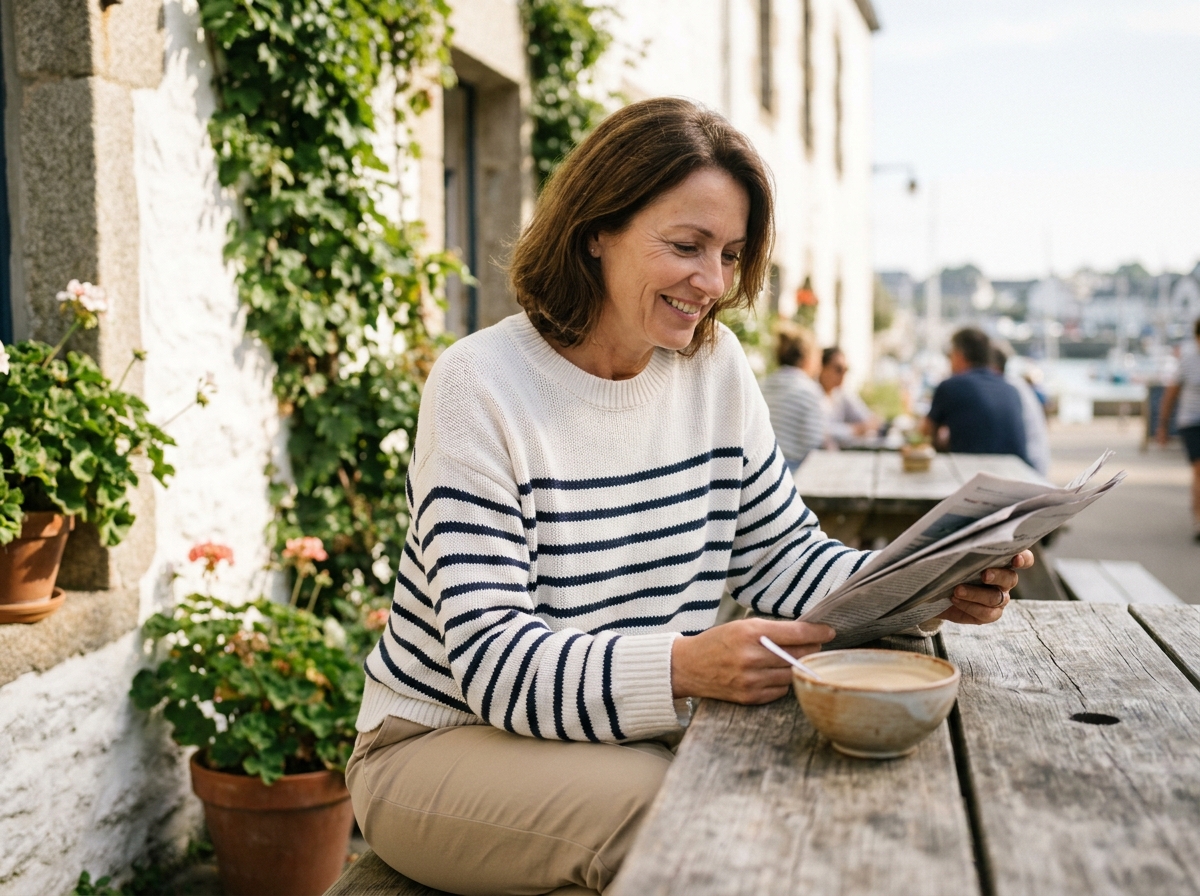 Femme d'une cinquantaine d'années en marinière classique attablée à la terrasse d'un café breton lisant un journal
