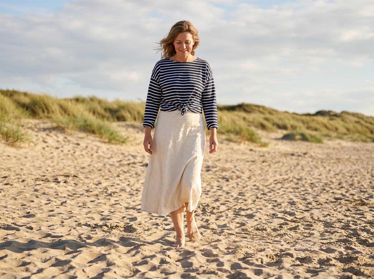 Femme en marinière nouée à la taille et jupe longue en lin marchant pieds nus sur une plage bretonne