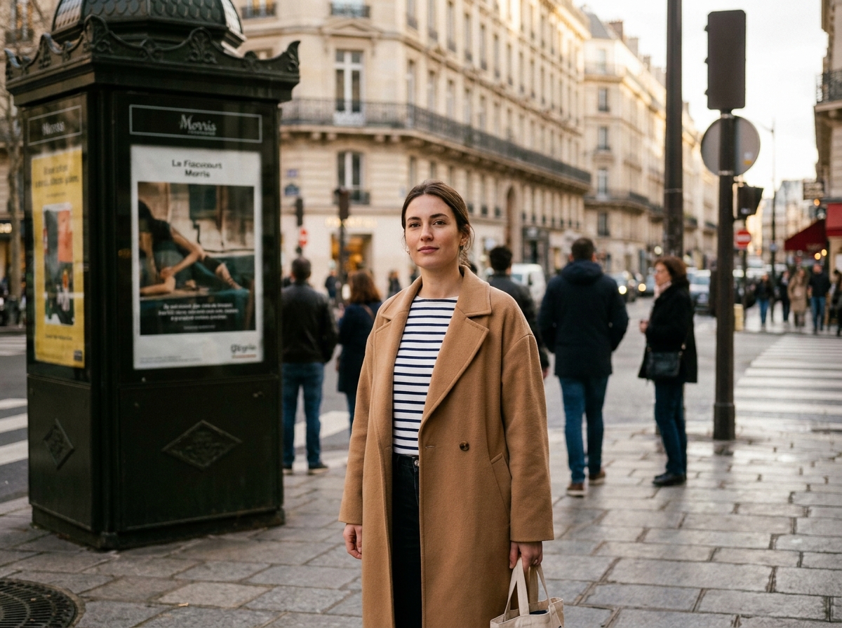 Jeune femme en marinière marine sous un manteau camel dans une rue pavée parisienne style mode urbaine