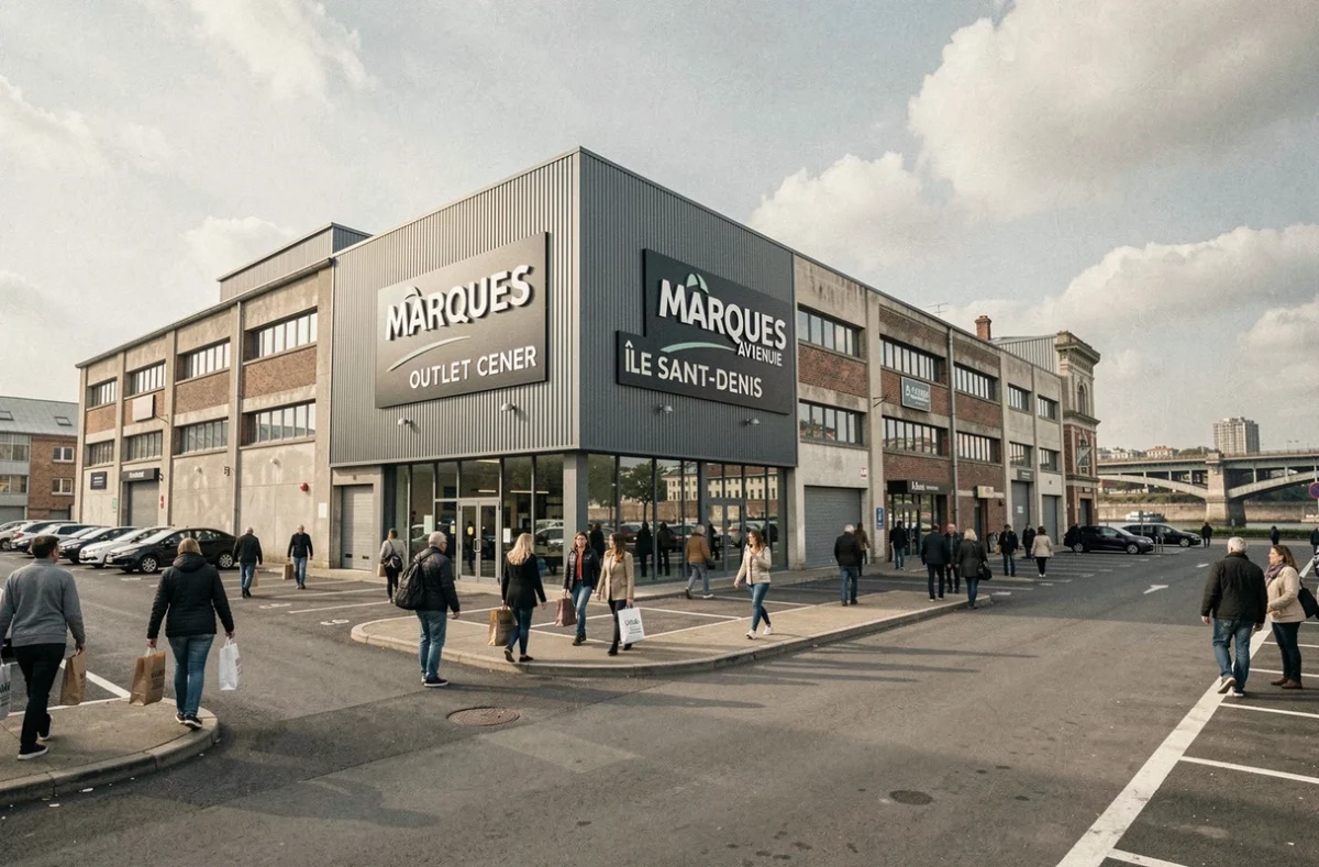 Façade extérieure du centre Marques Avenue sur l'Île Saint-Denis avec des clients qui arrivent