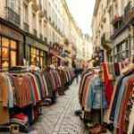Vue d'ensemble de friperies vintage dans le quartier de la Croix-Rousse à Lyon avec des portants de vêtements colorés exposés sur le trottoir en pavés