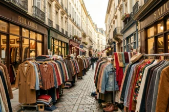 Vue d'ensemble de friperies vintage dans le quartier de la Croix-Rousse à Lyon avec des portants de vêtements colorés exposés sur le trottoir en pavés