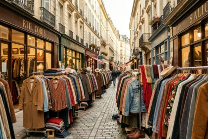 Vue d'ensemble de friperies vintage dans le quartier de la Croix-Rousse à Lyon avec des portants de vêtements colorés exposés sur le trottoir en pavés