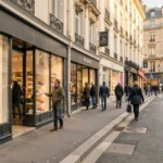 Vue d'une rue commerçante de Seine-Saint-Denis avec plusieurs vitrines de magasins de chaussures et des passants qui flânent