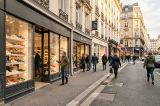 Vue d'une rue commerçante de Seine-Saint-Denis avec plusieurs vitrines de magasins de chaussures et des passants qui flânent