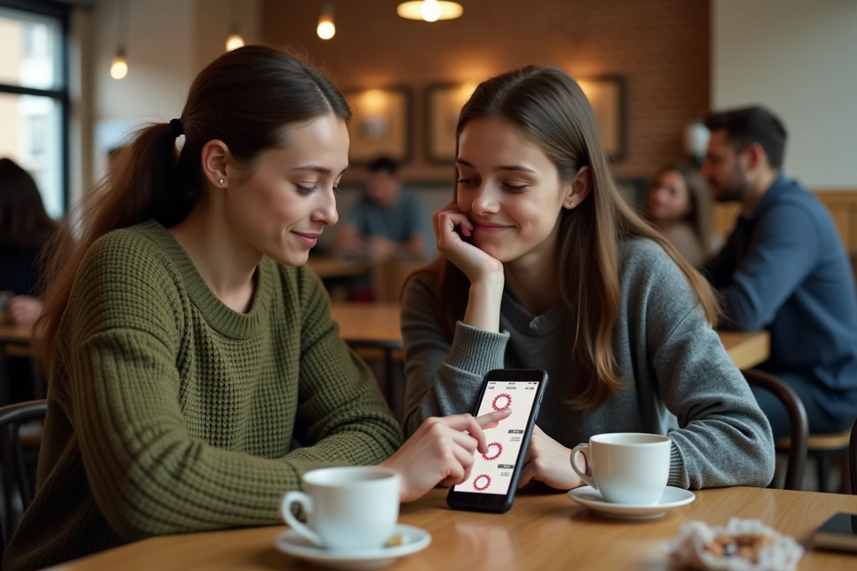 Mère et fille ado comparant des produits Nike authentiques et contrefaits sur smartphone dans un café