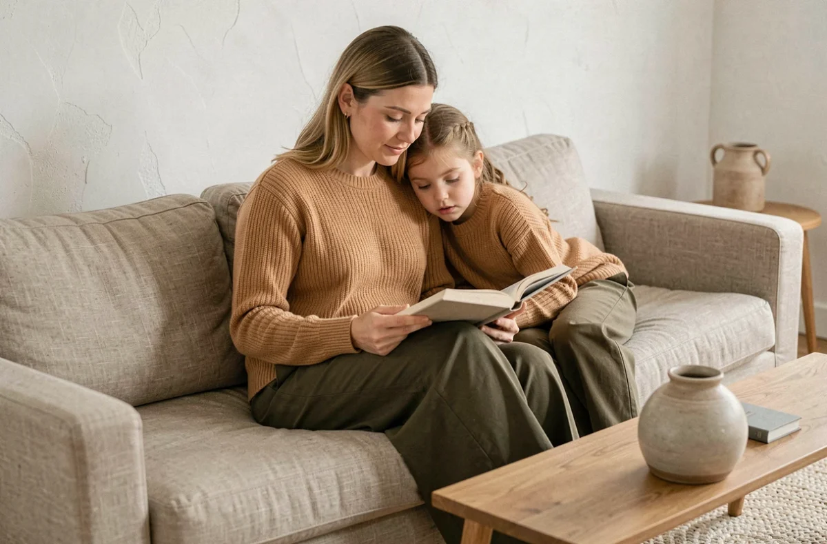 Mère et petite fille en pull cachemire camel coordonné lisant ensemble sur un canapé scandinave minimaliste