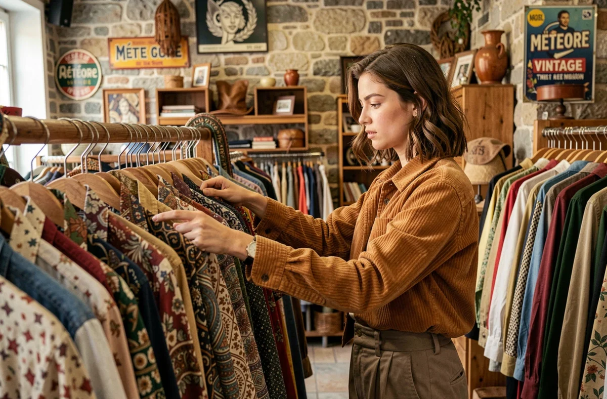 Une jeune femme parcourt les portants de vêtements vintage chez Météore Vintage à Lyon, entourée de murs en pierre et de mobilier rétro