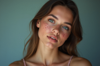 Jeune femme confiante avec acné en studio mode