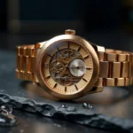 Montre de luxe suisse avec mécanisme tourbillon visible sur fond en ardoise noire, détail macro des finitions or et acier