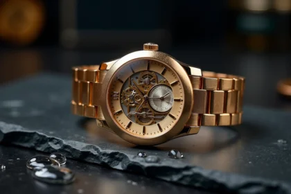 Montre de luxe suisse avec mécanisme tourbillon visible sur fond en ardoise noire, détail macro des finitions or et acier