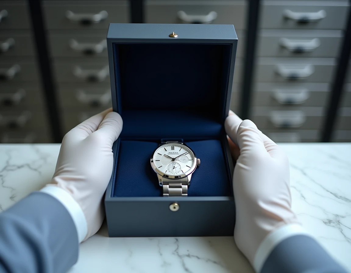 Mains gantées de blanc déposant une montre platine ultra-plate dans un écrin de présentation lors d'une vente horlogère confidentielle