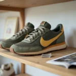 Paire de Nike usées aux semelles jaunies et à la virgule délavée posée sur une étagère en bois, illustrant un modèle démodé et has been