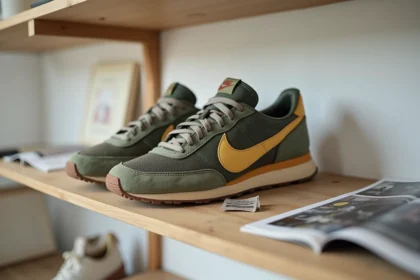 Paire de Nike usées aux semelles jaunies et à la virgule délavée posée sur une étagère en bois, illustrant un modèle démodé et has been
