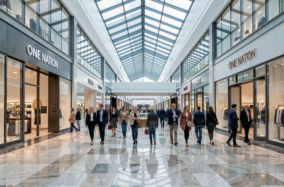 Intérieur moderne de l'outlet One Nation Paris avec son atrium vitré et ses boutiques de marques