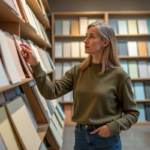 Femme contemplant une palette de couleurs dans un magasin d'art