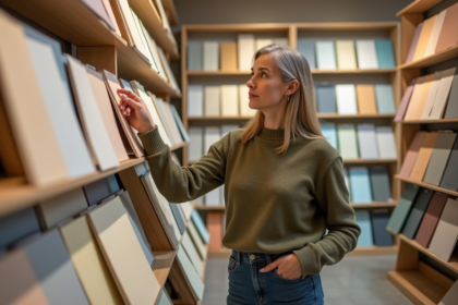 Femme contemplant une palette de couleurs dans un magasin d'art