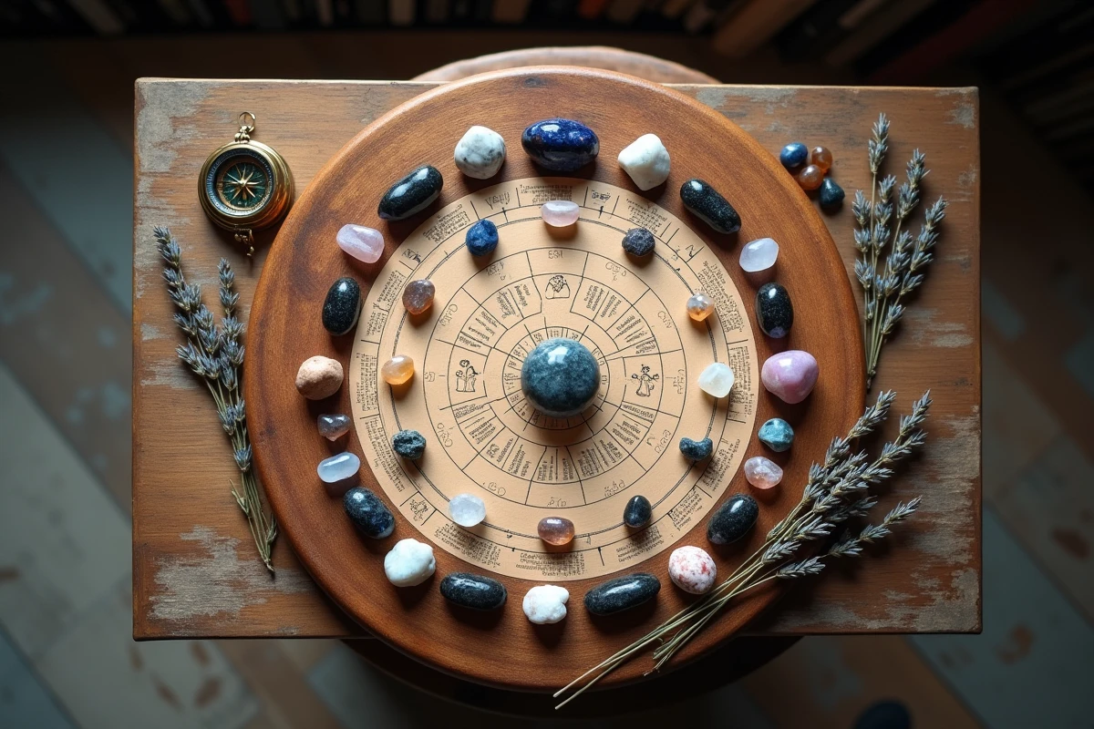 Disposition de pierres de lithothérapie et carte astrologique manuscrite sur table en bois vue du dessus