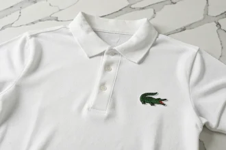 Polo Lacoste blanc avec logo crocodile brodé sur le tissu piqué, vue de dessus sur marbre blanc