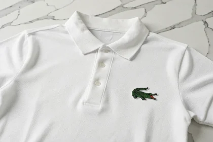 Polo Lacoste blanc avec logo crocodile brodé sur le tissu piqué, vue de dessus sur marbre blanc