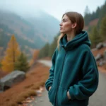 Femme portant un poncho polaire sarcelle en randonnée en forêt d'automne, bon rapport qualité-prix pour l'hiver
