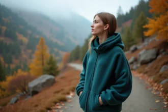 Femme portant un poncho polaire sarcelle en randonnée en forêt d'automne, bon rapport qualité-prix pour l'hiver