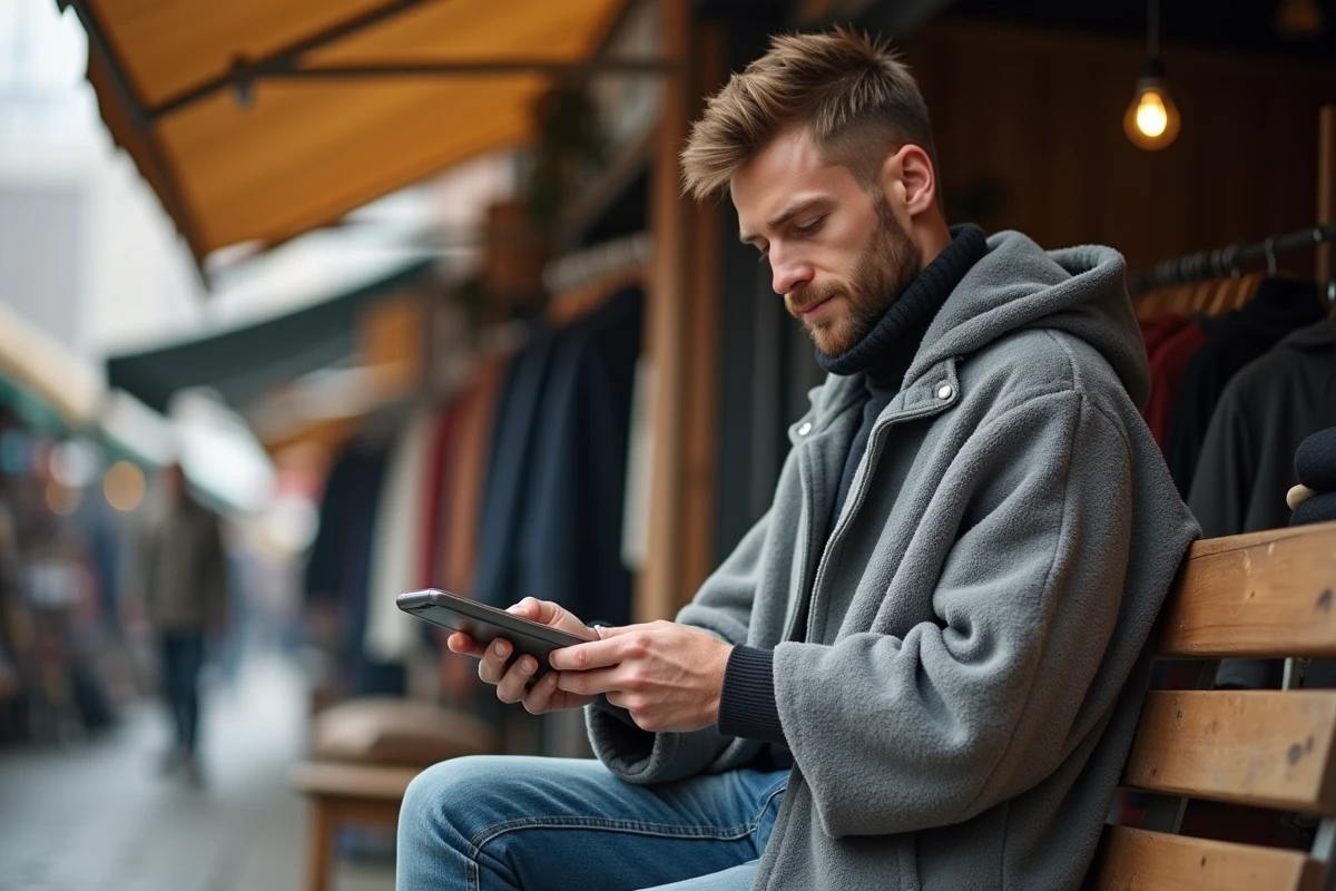 Homme en poncho polaire gris dans un marché extérieur, idée cadeau hiver pas cher bon rapport qualité-prix